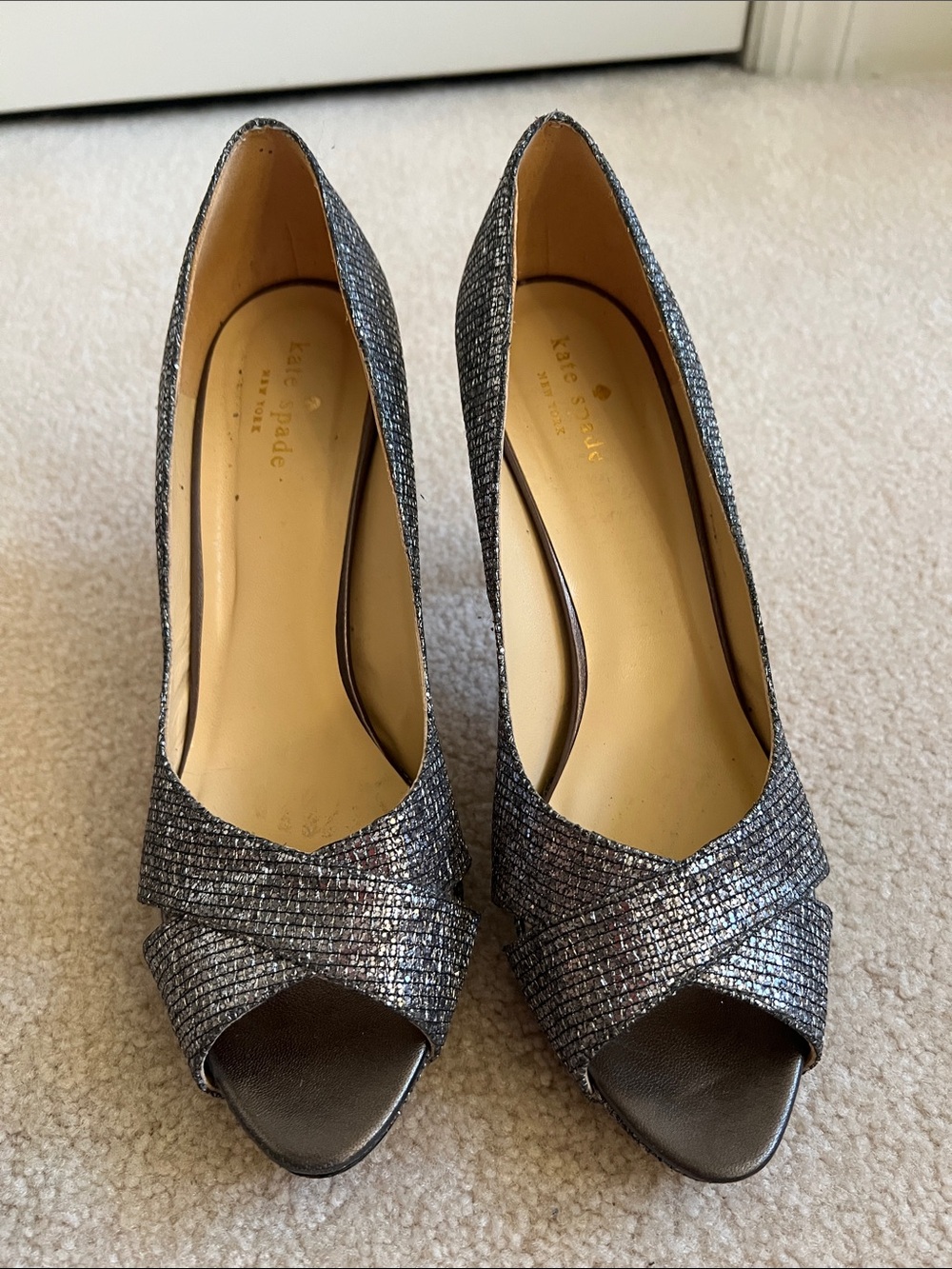 Kate Spade Metallic Silver Peep Toe Heels Pumps Size 9.5 Made in Italy